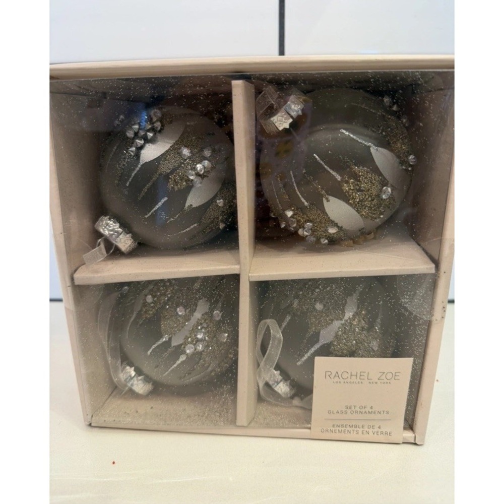 Rachel Zoe Silver Sparkle Christmas Glass Ball Ornament Set of 4 Beaded Stars 4"